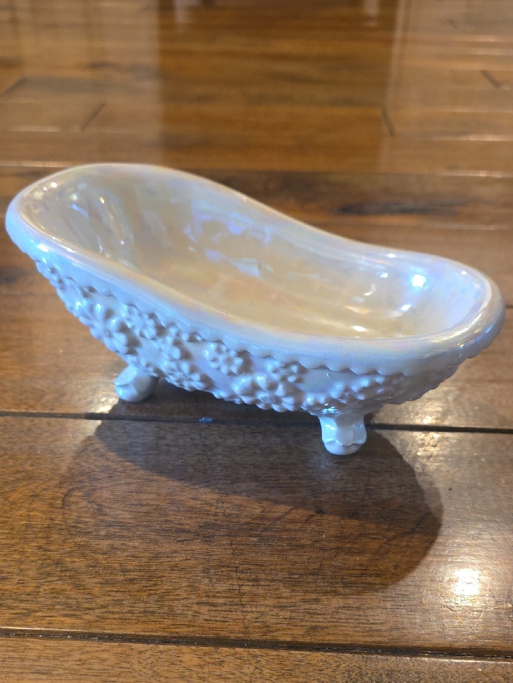 Iridescent White Decorative Mini Clawfoot Tub Soap Dish Floral Accents - Picture 2 of 6